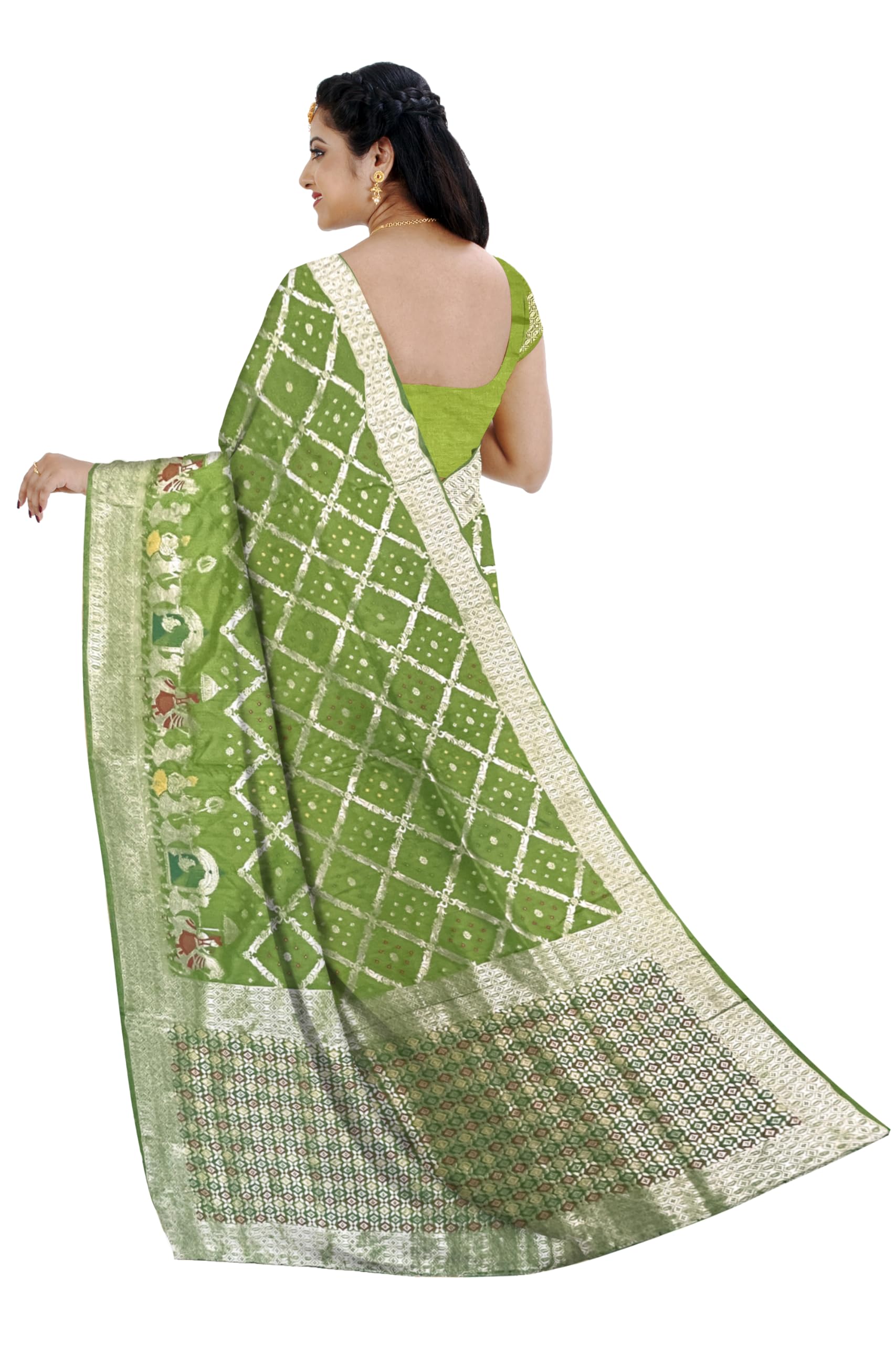 Ta la hi Collections Bandhej Silk Saree for Women, Indian Women's Green Silk Saree with Zari Pallu and Unstitched Blouse for Wedding, Party/Talahi Collections