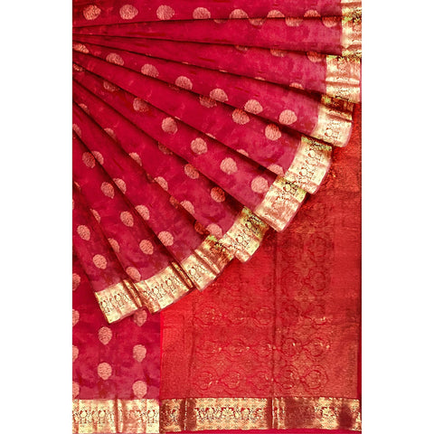 Ta la hi Collections Women's Mysore Silk Saree for Women with Unstitched Blouse for Wedding Party with Zari Border -Red/Talahi Collections