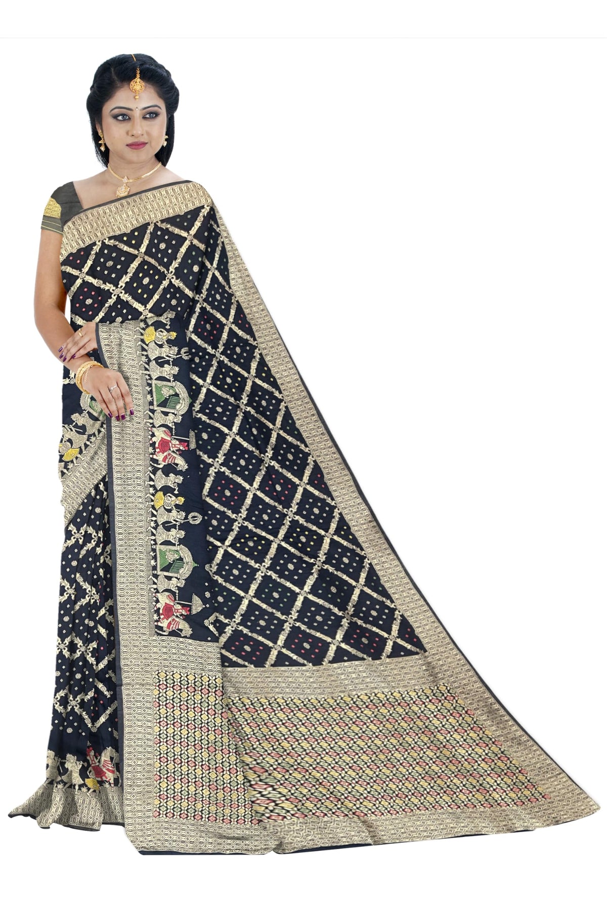 Ta la hi Collections Patola Silk Saree for Women, Indian Traditional Zari Work Womnen's Saree with Running Blouse - Black/Talahi Collections