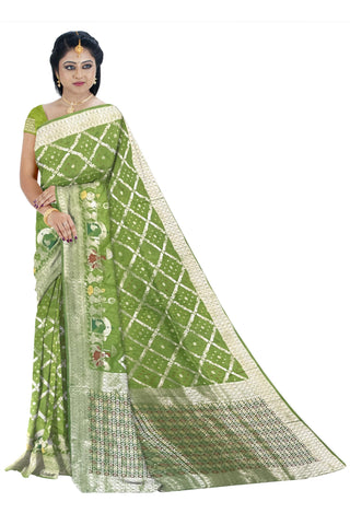Ta la hi Collections Bandhej Silk Saree for Women, Indian Women's Green Silk Saree with Zari Pallu and Unstitched Blouse for Wedding, Party/Talahi Collections