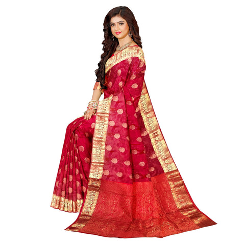 Ta la hi Collections Women's Mysore Silk Saree for Women with Unstitched Blouse for Wedding Party with Zari Border -Red/Talahi Collections