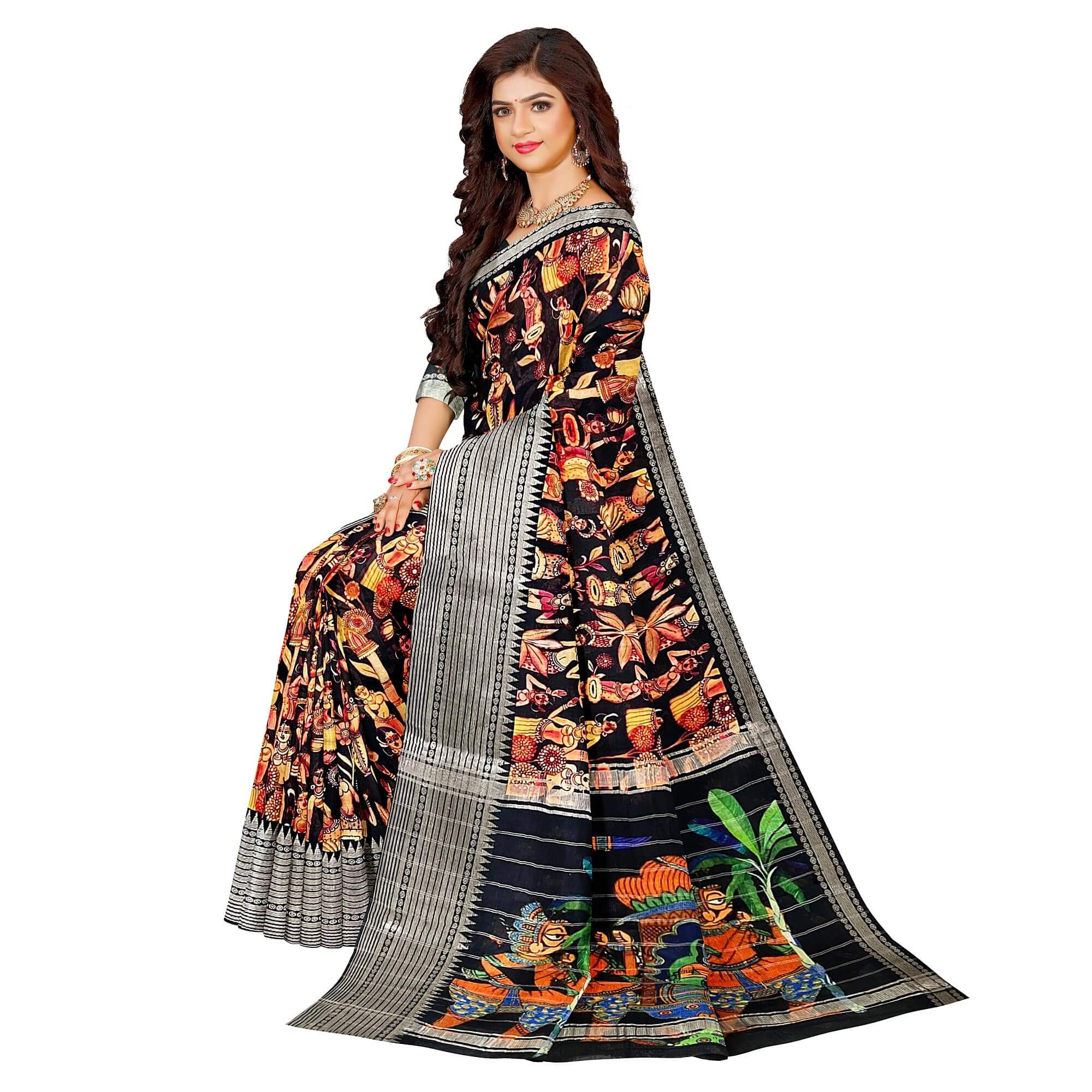 Ta la hi Collections Women's Saree,Hadloom Soft Mangalagiri Silk Saree, Indian Traditional Silk Saree for Women, Festival Saree, Wedding Gift Sari -Black/Talahi Collections