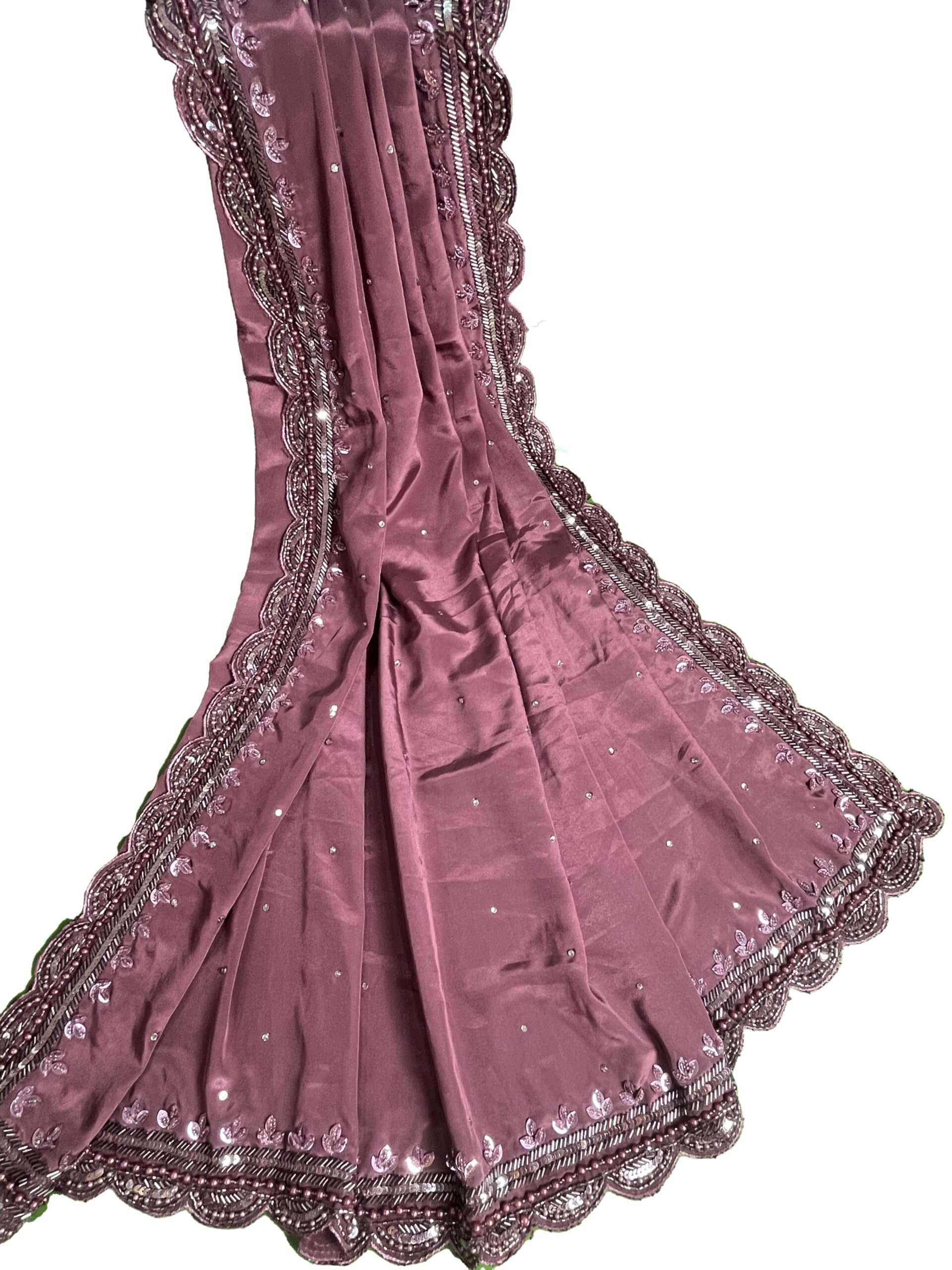 Ta la hi Collections Crepe Silk Saree for Women, Heavy Saree with Readymade Blouse, Partywear Indian Beaded Work Saree for Girls - Dark Pink/Talahi Collections
