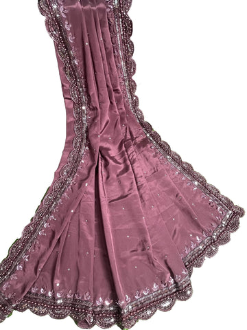Ta la hi Collections Crepe Silk Saree for Women, Heavy Saree with Readymade Blouse, Partywear Indian Beaded Work Saree for Girls - Dark Pink/Talahi Collections