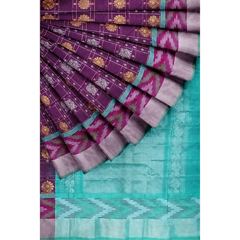 Ta la hi Collections pochampaly kota Silk Saree with contrast pally and running blouse - Purple and Teal Green pallu/Talahi Collections