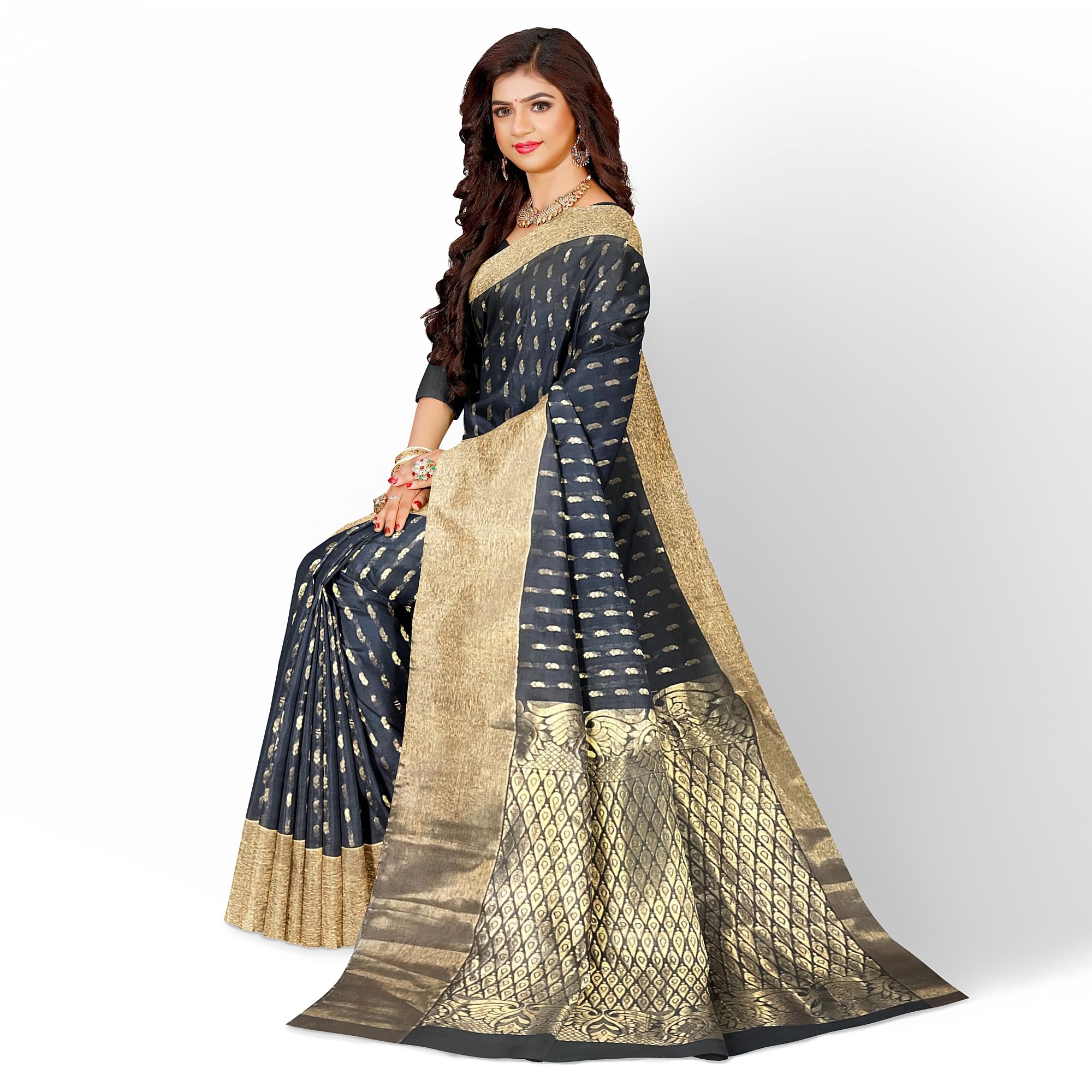 Ta la hi Collections Women's Banarasi Silk Saree,Organza Silk Saree for Women with Unstitched Blouse for Wedding Party with Zari Border - Black/Talahi Collections