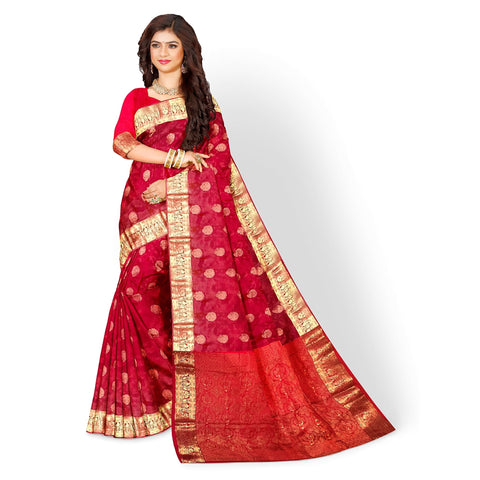 Ta la hi Collections Women's Mysore Silk Saree for Women with Unstitched Blouse for Wedding Party with Zari Border -Red/Talahi Collections