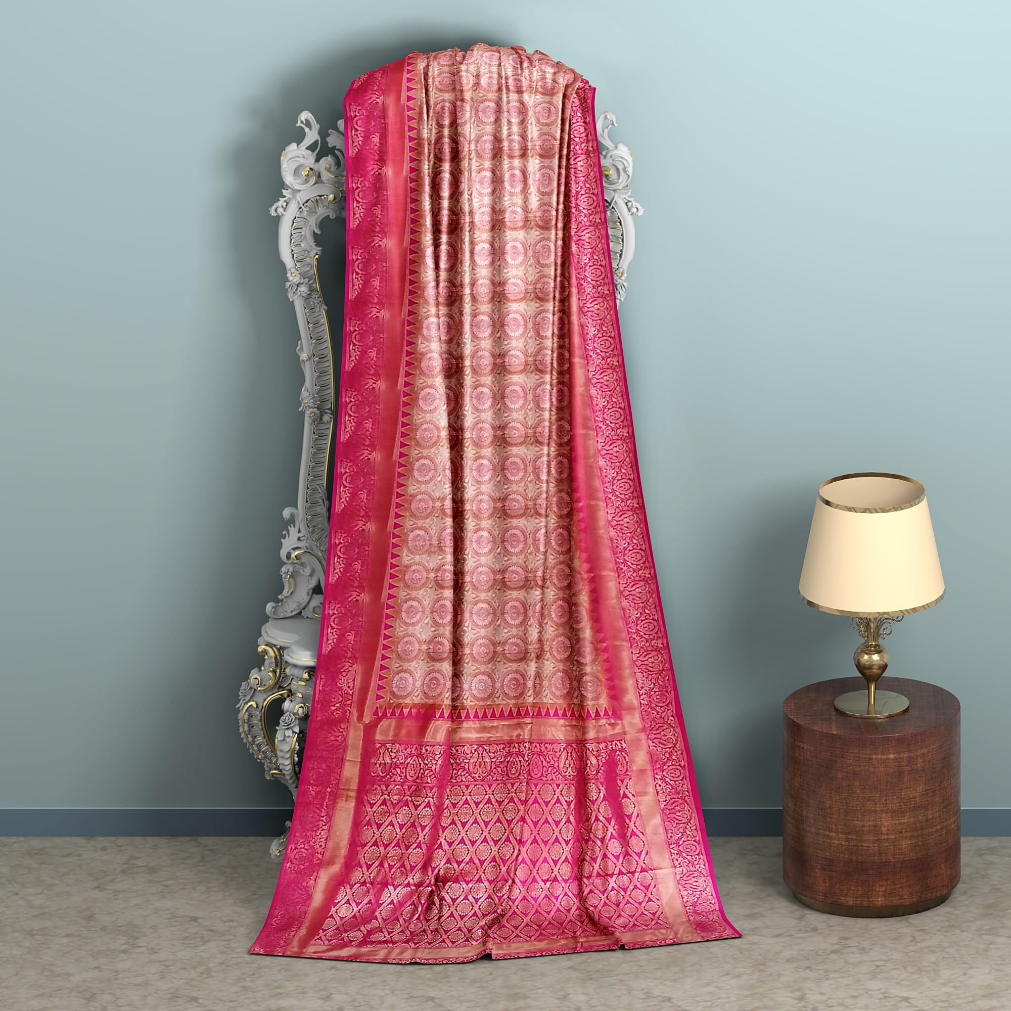 Ta la hi Collections Banarasi Silk Saree for Women, Stithced blouse (34-38) - Pink/Talahi Collections
