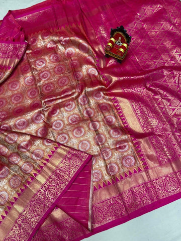 Ta la hi Collections Banarasi Silk Saree for Women, Stithced blouse (34-38) - Pink/Talahi Collections