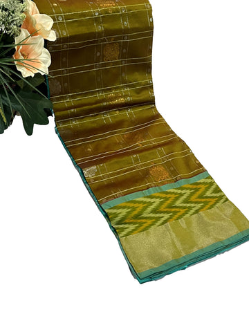 Ta la hi Collections pochampaly kota Silk Saree with contrast pally and running blouse - Mehendi Green and Teal Green pallu/Talahi Collections