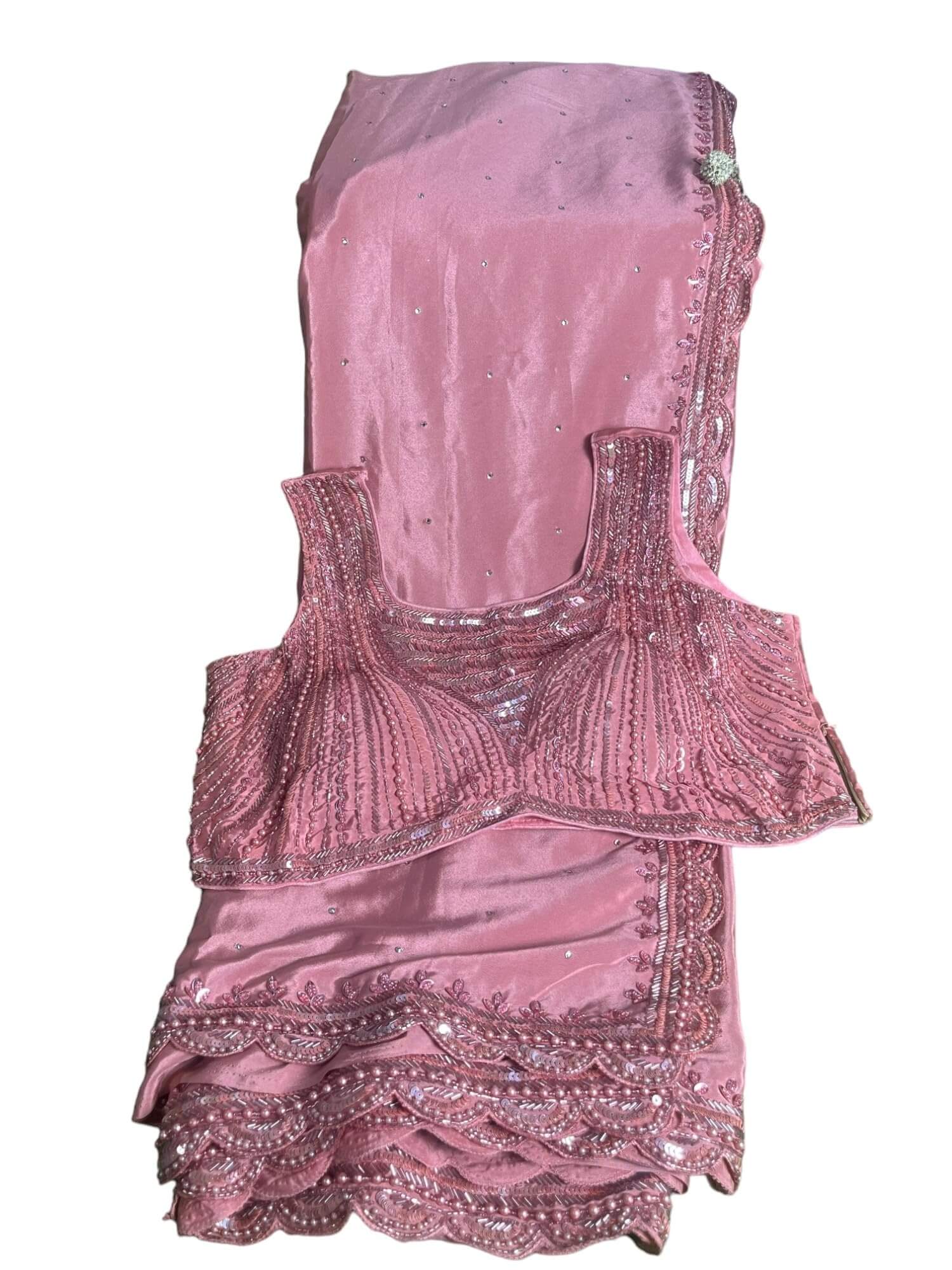 Ta la hi Collections Satin Crepe Silk Saree for Women, Heavy Saree with Readymade Blouse, Partywear Indian Beaded Work Saree for Girls - Dusty Pink/Talahi Collections