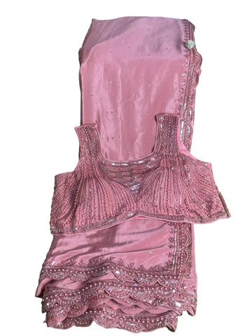 Ta la hi Collections Satin Crepe Silk Saree for Women, Heavy Saree with Readymade Blouse, Partywear Indian Beaded Work Saree for Girls - Dusty Pink/Talahi Collections