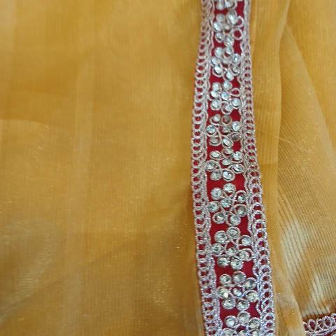 Ta la hi Collections- Elegant Linen silk saree with Red pearl lace border and running blouse- Yellow/Talahi Collections