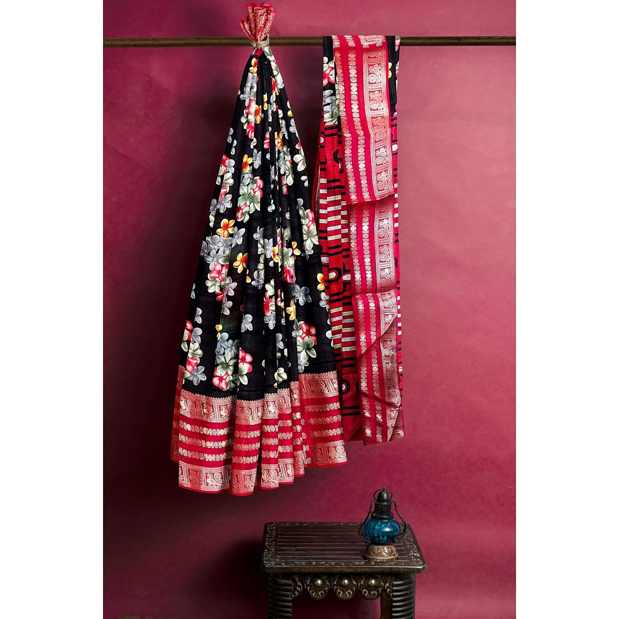 Ta la hi Collections Women's Saree,Dola Silk Saree, Indian Traditional Silk Saree for Women, Festival Saree, Wedding Gift Sari -Black Floral print/Talahi Collections
