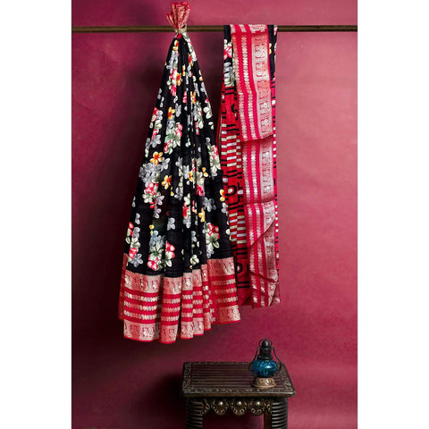 Ta la hi Collections Women's Saree,Dola Silk Saree, Indian Traditional Silk Saree for Women, Festival Saree, Wedding Gift Sari -Black Floral print/Talahi Collections