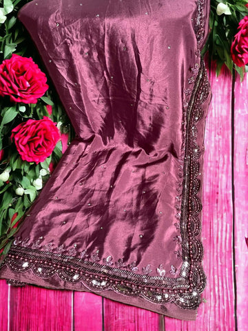 Ta la hi Collections Crepe Silk Saree for Women, Heavy Saree with Readymade Blouse, Partywear Indian Beaded Work Saree for Girls - Dark Pink/Talahi Collections
