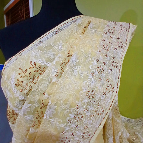 Ta la hi Collections Chiffon Satin Saree with chikankari work and running Blouse - Lemon Yellow/Talahi Collections