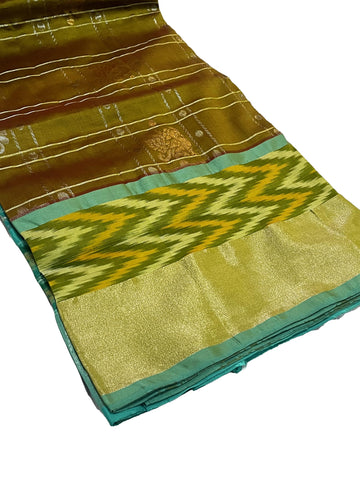 Ta la hi Collections pochampaly kota Silk Saree with contrast pally and running blouse - Mehendi Green and Teal Green pallu/Talahi Collections