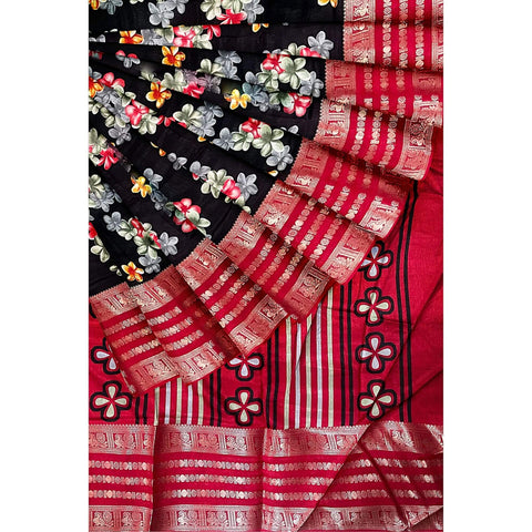 Ta la hi Collections Women's Saree,Dola Silk Saree, Indian Traditional Silk Saree for Women, Festival Saree, Wedding Gift Sari -Black Floral print/Talahi Collections