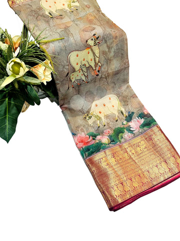 Ta la hi Collections Oraganza Silk Saree with Rich Big Zari Pallu - Grey/Talahi Collections