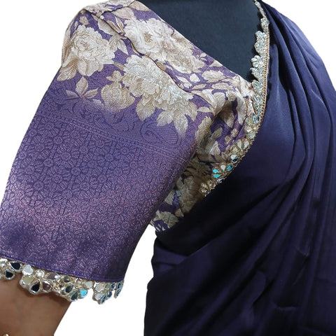 Ta la hi Collections- Elegant Crepe silk with golden lace and Stitched Blouse- Purple/Talahi Collections