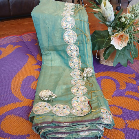 Ta la hi Collections- Elegant Tisse silk with Zadosi lace and running Blouse- Green Fall/PICO Done/Talahi Collections
