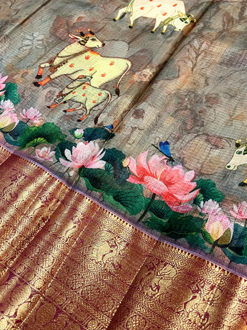 Ta la hi Collections Oraganza Silk Saree with Rich Big Zari Pallu - Grey/Talahi Collections