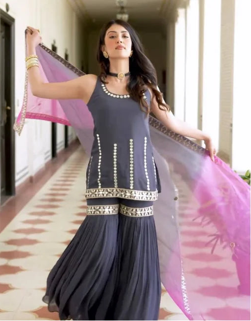Launching New Designer Party Wear Look Heavy Faux Georgette Top , Sharara Plazzo and Dupatta/Talahi Collections