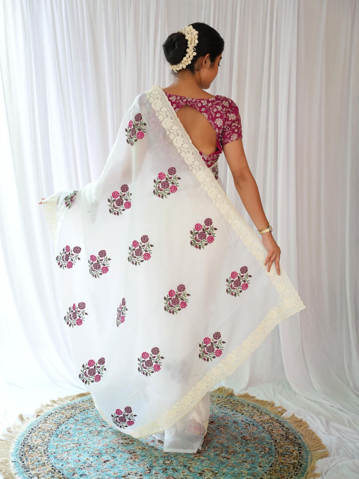 Elegant White Saree with Pink Floral Embroidery & Contrast Blouse