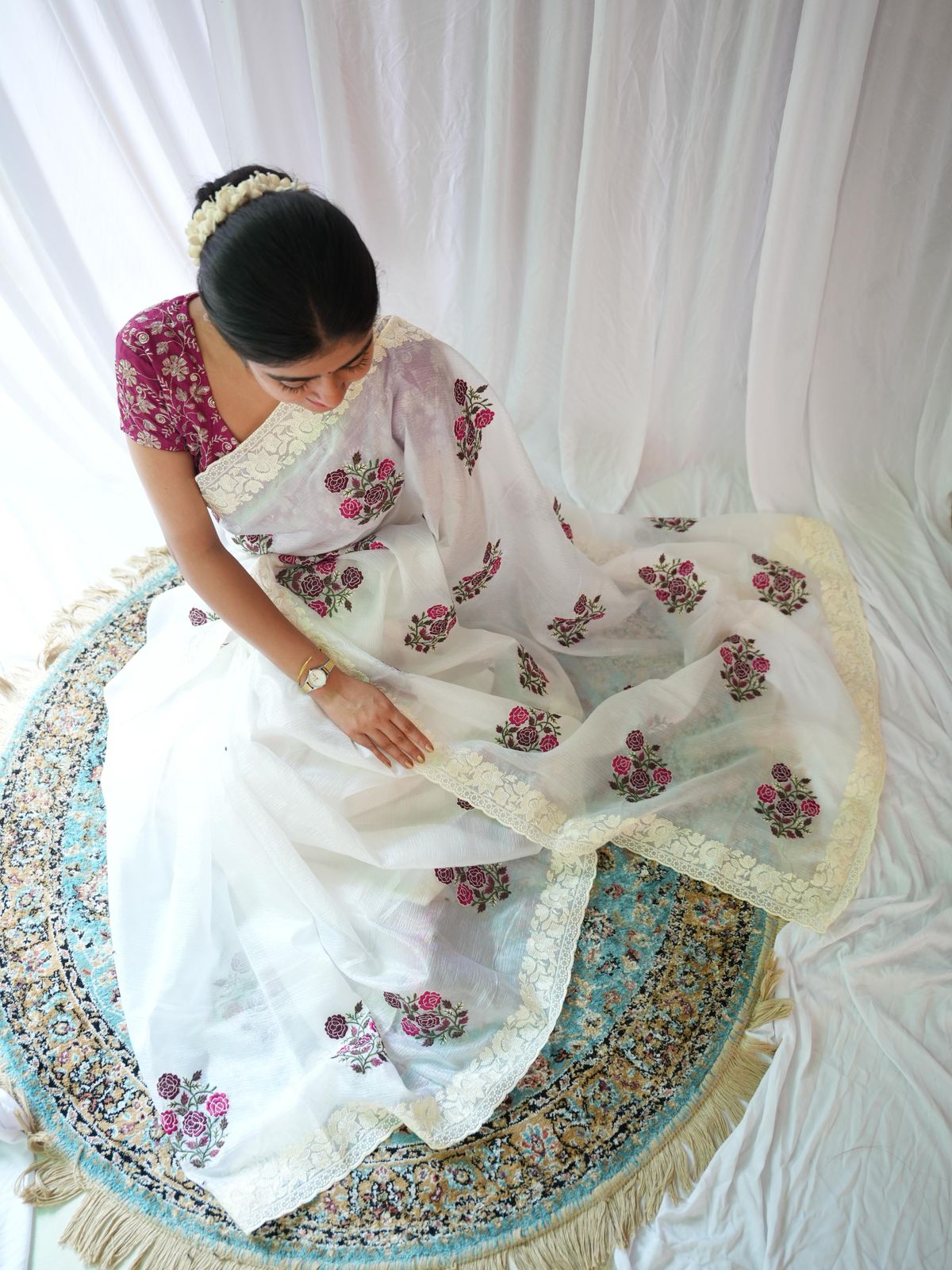 Elegant White Saree with Pink Floral Embroidery & Contrast Blouse