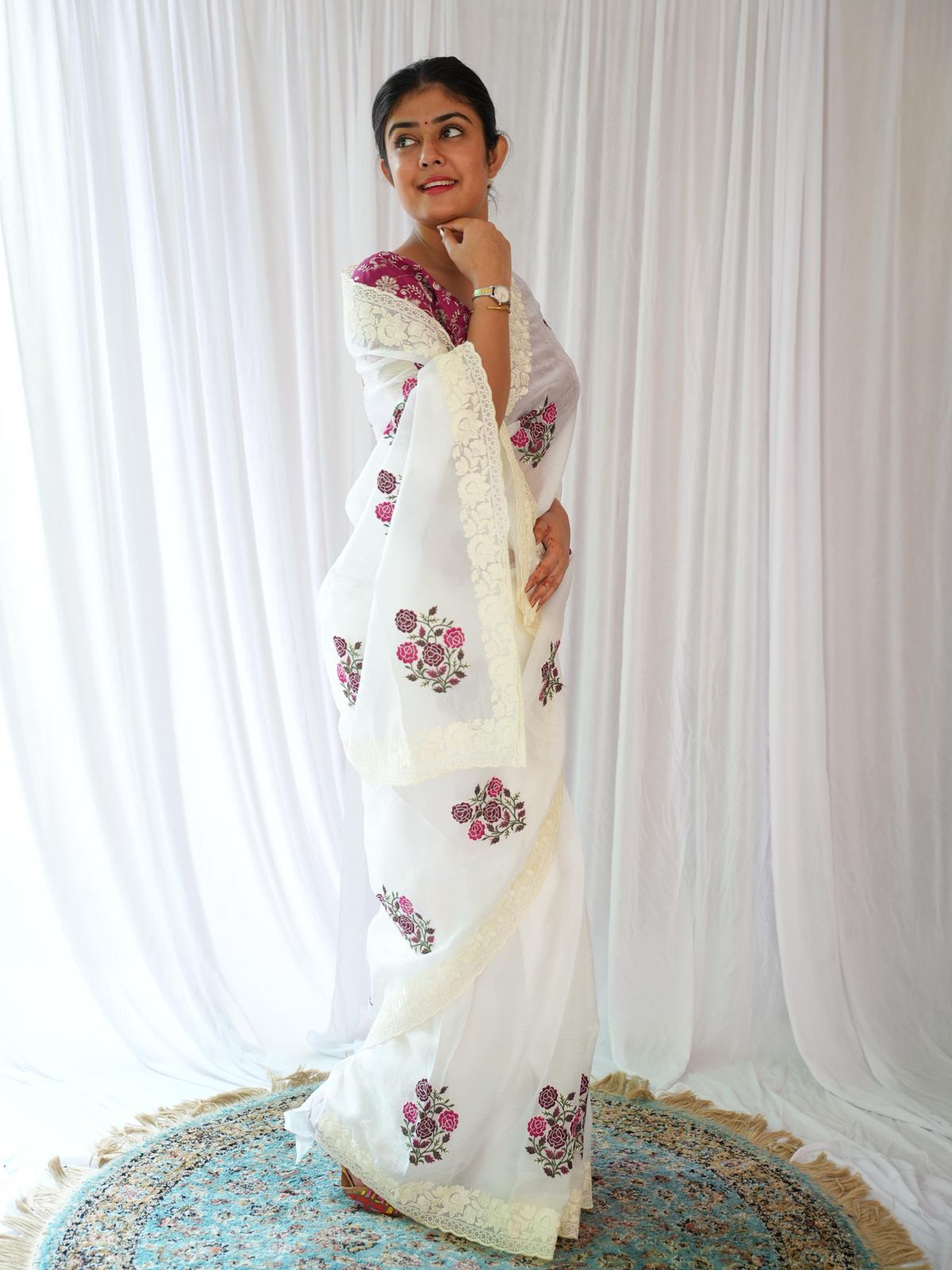 Elegant White Saree with Pink Floral Embroidery & Contrast Blouse