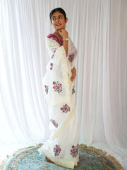 Elegant White Saree with Pink Floral Embroidery & Contrast Blouse