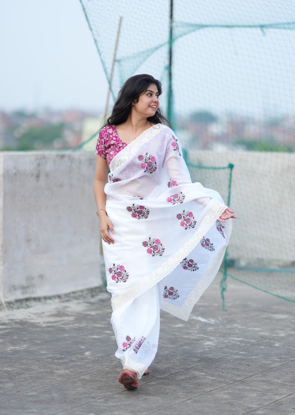 Elegant White Saree with Pink Floral Embroidery & Contrast Blouse