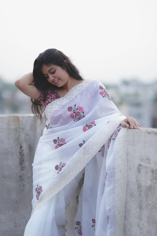 Elegant White Saree with Pink Floral Embroidery & Contrast Blouse