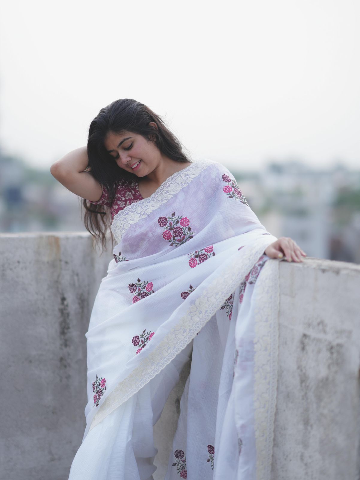 Elegant White Saree with Pink Floral Embroidery & Contrast Blouse
