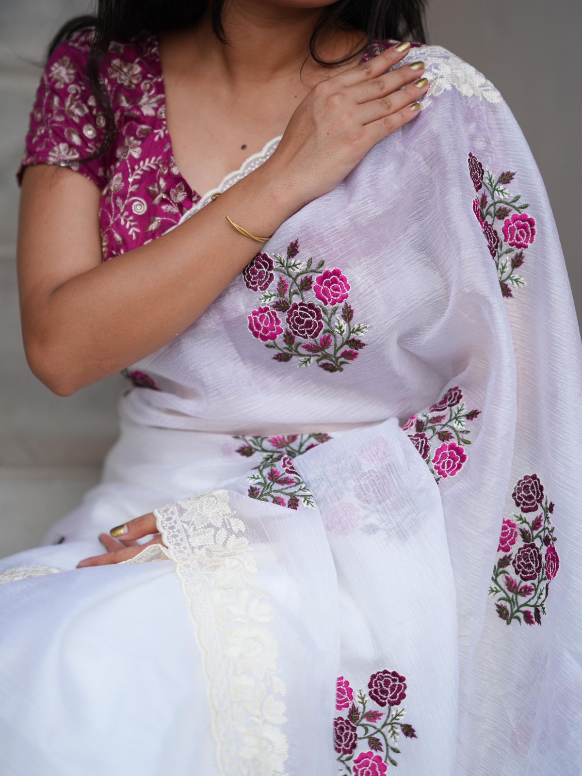 Elegant White Saree with Pink Floral Embroidery & Contrast Blouse