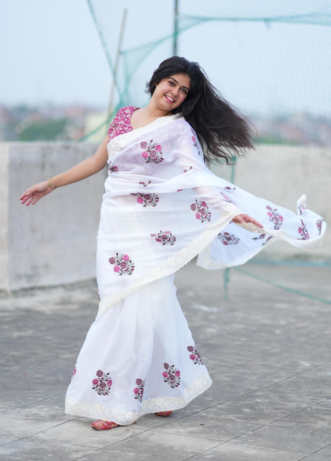 Elegant White Saree with Pink Floral Embroidery & Contrast Blouse