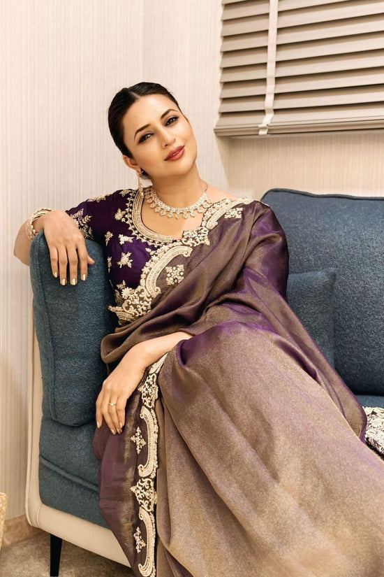 Grey-Purple Satin Saree with Ivory Embroidery & Contrast Blouse