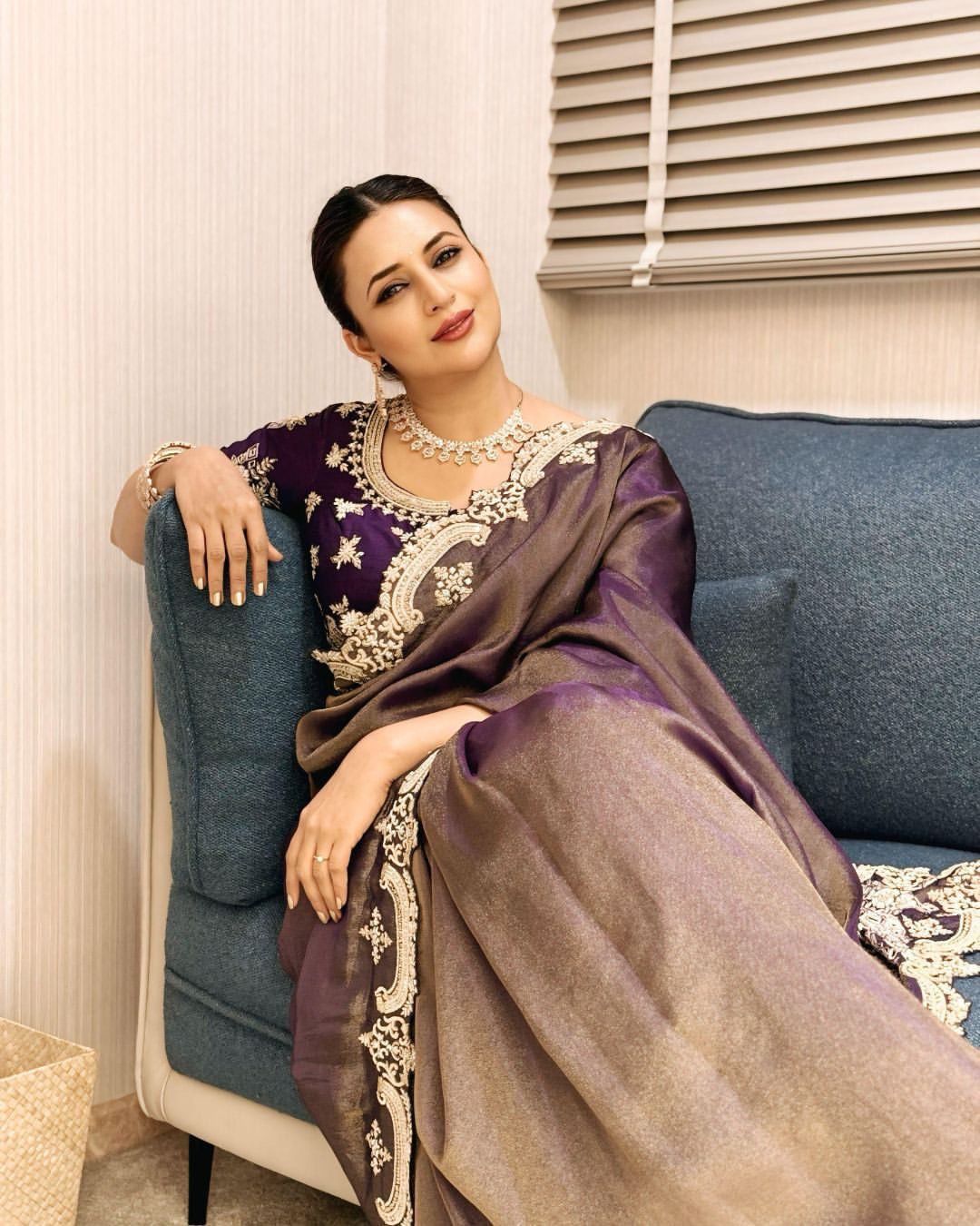 Grey-Purple Satin Saree with Ivory Embroidery & Contrast Blouse