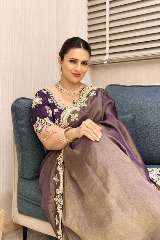 Grey-Purple Satin Saree with Ivory Embroidery & Contrast Blouse