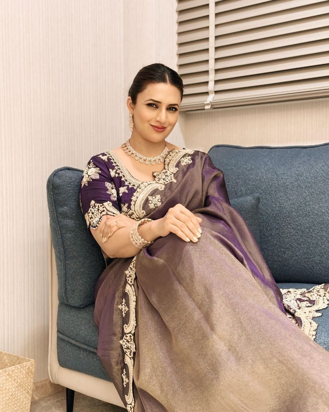 Grey-Purple Satin Saree with Ivory Embroidery & Contrast Blouse
