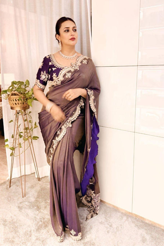 Grey-Purple Satin Saree with Ivory Embroidery & Contrast Blouse
