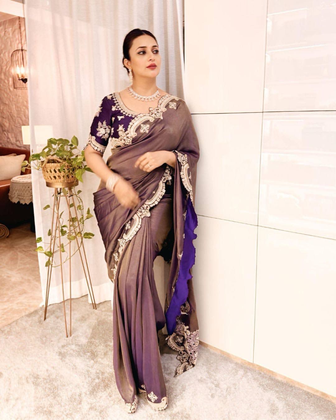 Grey-Purple Satin Saree with Ivory Embroidery & Contrast Blouse