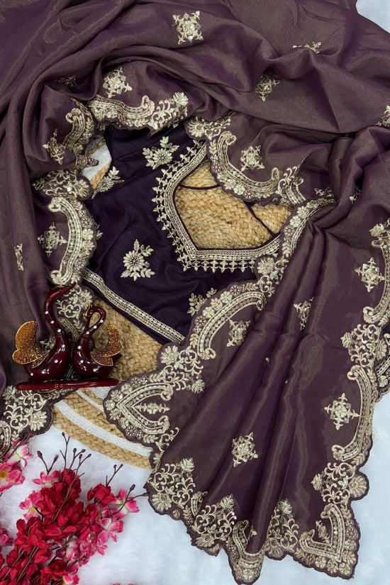 Grey-Purple Satin Saree with Ivory Embroidery & Contrast Blouse