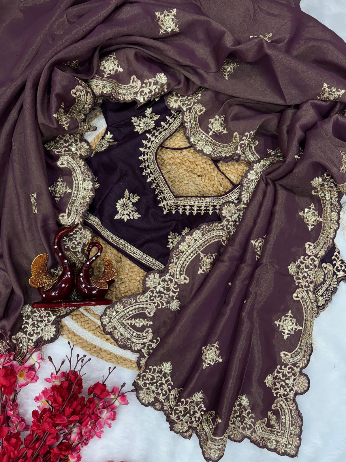 Grey-Purple Satin Saree with Ivory Embroidery & Contrast Blouse