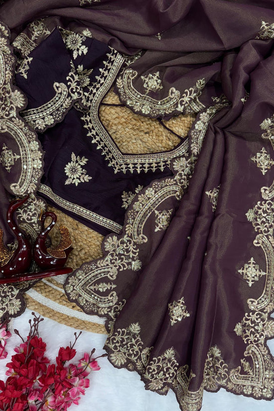 Grey-Purple Satin Saree with Ivory Embroidery & Contrast Blouse