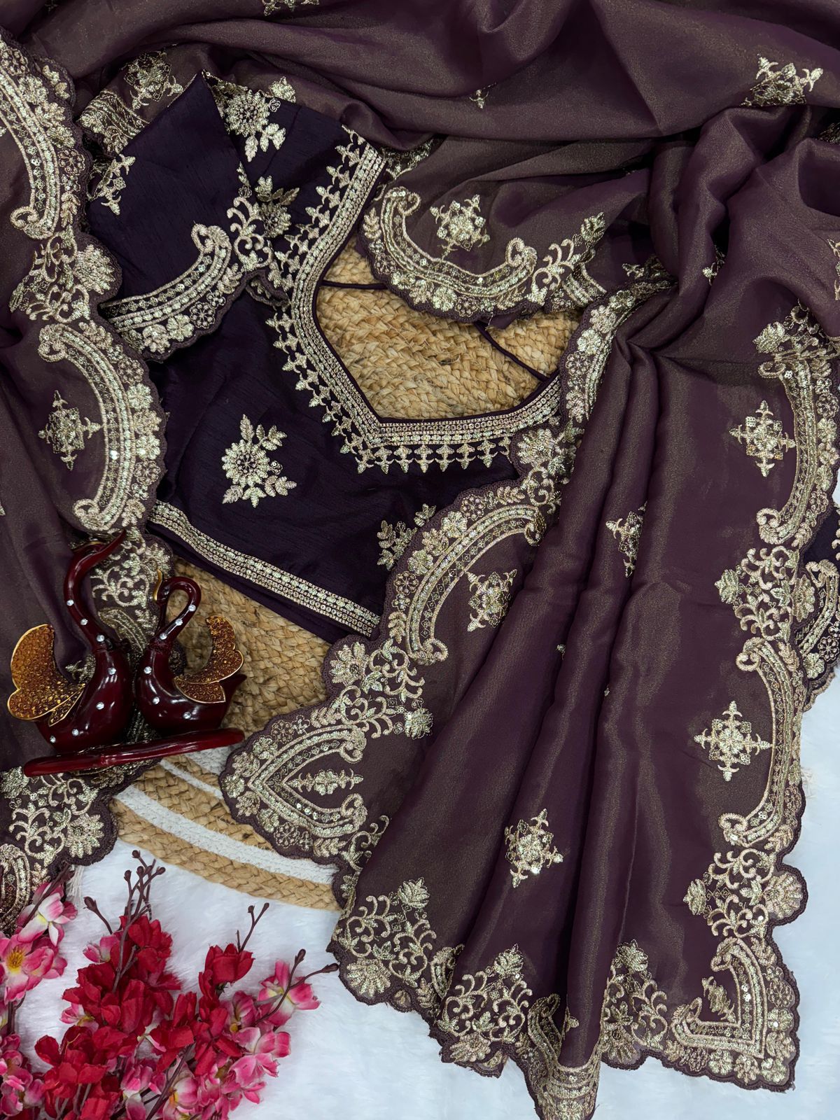 Grey-Purple Satin Saree with Ivory Embroidery & Contrast Blouse