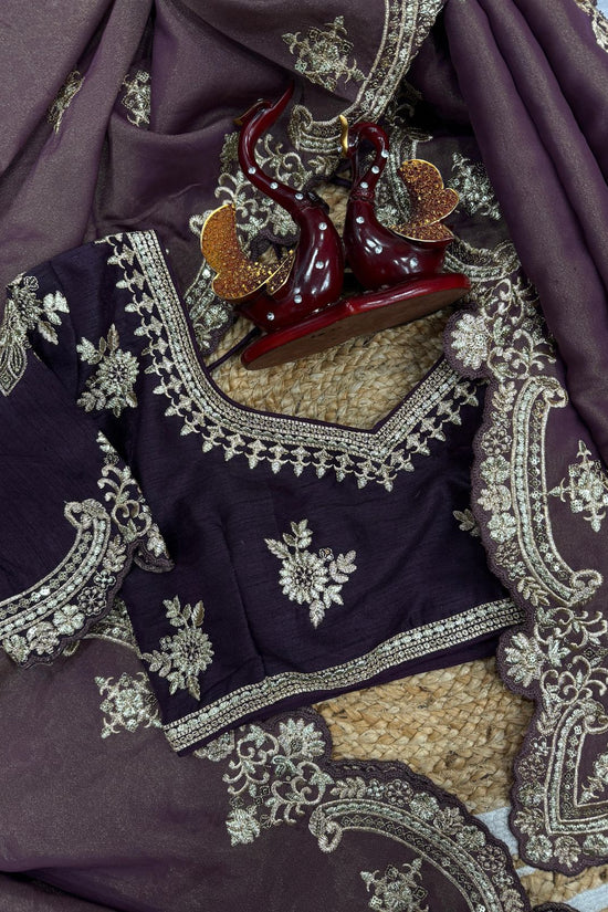 Grey-Purple Satin Saree with Ivory Embroidery & Contrast Blouse