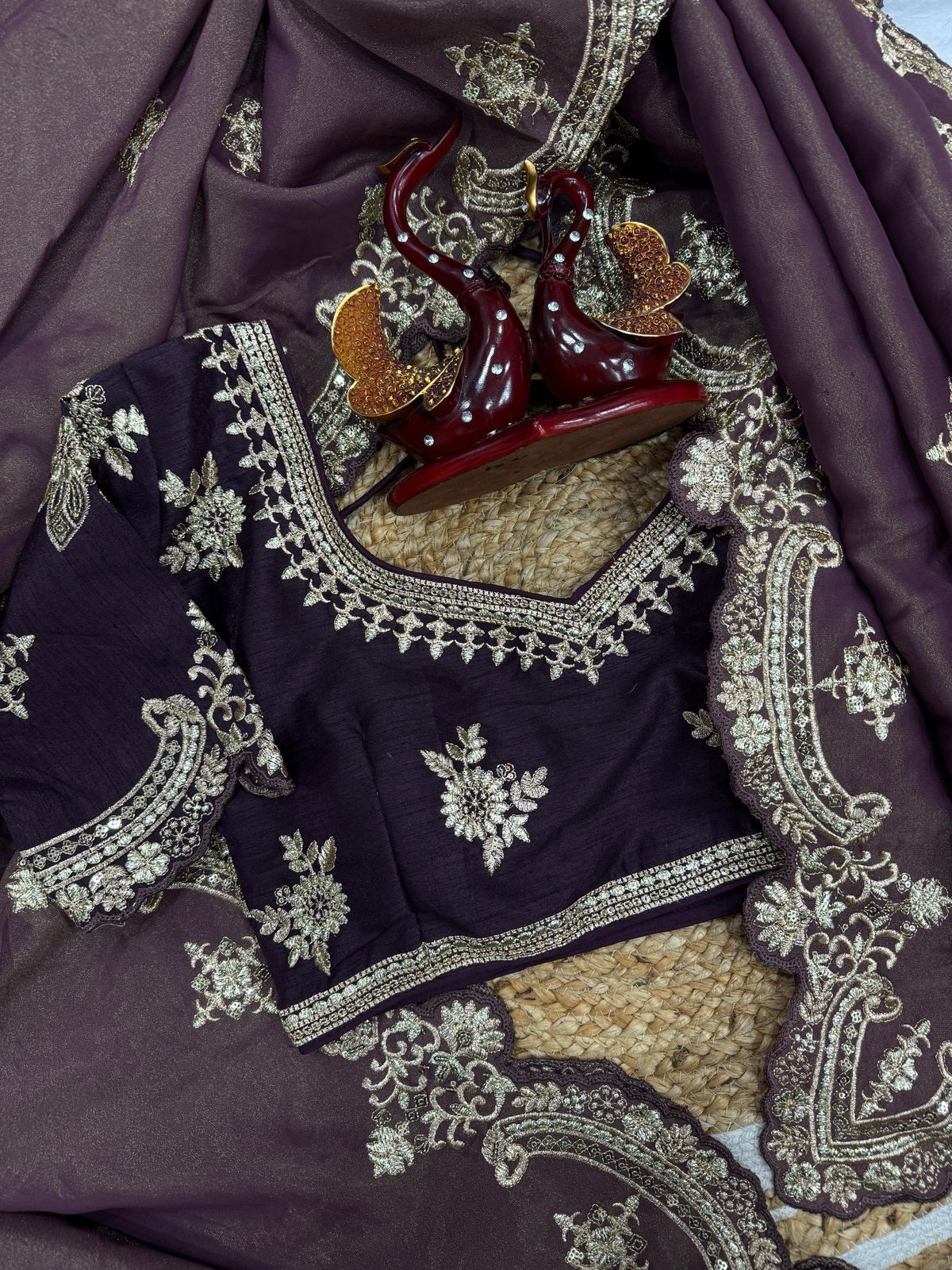 Grey-Purple Satin Saree with Ivory Embroidery & Contrast Blouse
