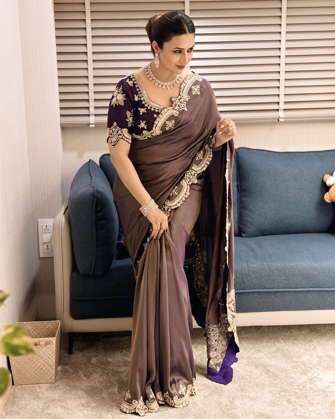 Grey-Purple Satin Saree with Ivory Embroidery & Contrast Blouse